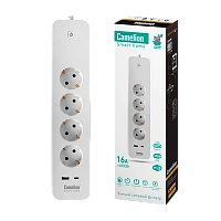 Сетевой фильтр Camelion Smart Home SZD/SH 4р.Б/З 16A 1.5м 1USB/Type-C WiFi белый (1/20)