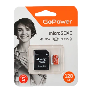 Карта памяти microSD GoPower 128GB Class10 UHS-I (U3) 100 МБ/сек V30 с адаптером