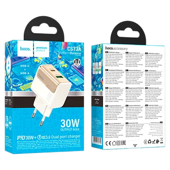 Сетевое З/У HOCO CS73A 1USB+1Type-C 3.0A 30W QC3.0 белый (1/32/192)