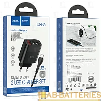 Сетевое З/У HOCO C86A 2USB 2.4A дисплей с кабелем Type-C черный (1/13/130)