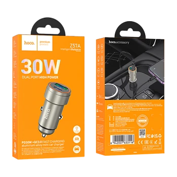 Автомобильное З/У HOCO Z57A 1USB+1Type-C 3.0A 30W PD,QC серый (1/12/120)