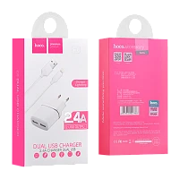 Сетевое З/У HOCO C12 2USB 2.4A с кабелем Lightning белый (1/10/100) 