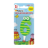 Свеча детская для торта, цифра 6, 1 шт. в упаковке, PATERRA (1/24)