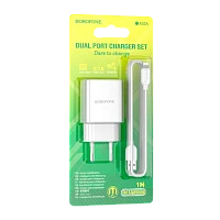 Сетевое З/У Borofone BA53A 2USB 2.1A с кабелем Lightning белый (1/48/192) 