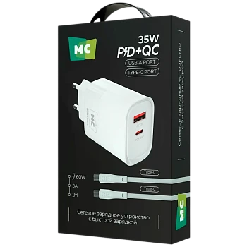 Сетевое З/У MORE CHOICE NC82a 1USB+1Type-C 3.0A 35W PD,QC с кабелем Type-C/Type-C белый 