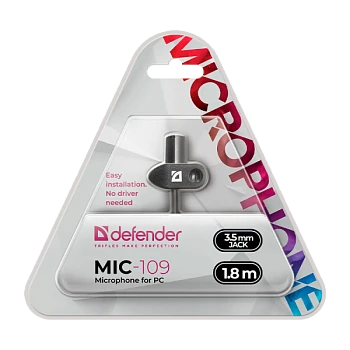 Микрофон Defender MIC-109 конденсаторный 54 дБ 1.8м на прищепке черный (1/50)