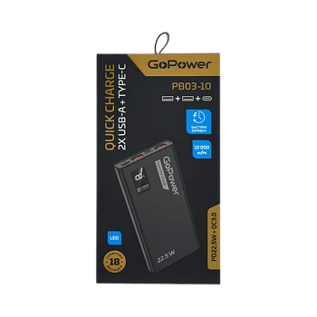 Внешний аккумулятор GoPower PB03-10 10000mAh 3.0A 22.5W 2USB/Type-C черный (1/50)