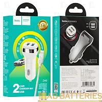 Автомобильное З/У HOCO Z40 2USB 2.4A с кабелем Lightning белый (1/12/120)