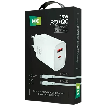 Сетевое З/У MORE CHOICE NC82a 1USB+1Type-C 3.0A 35W PD,QC с кабелем Type-C/Type-C белый