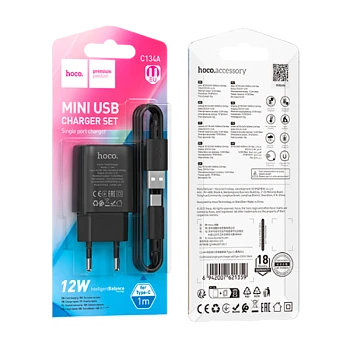 Сетевое З/У HOCO C134A 1USB 2.4A 12W с кабелем Type-C черный (1/28/168)