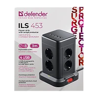 Сетевой фильтр Defender ILS 453 8р.С/З 16A 3.0м 2USB+2Type-C 350 Дж ПВС 3x1.5мм² с выкл. черный (1/1