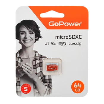 Карта памяти microSD GoPower 64GB Class10 UHS-I (U3) 100 МБ/сек V30 без адаптера
