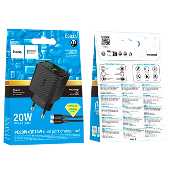 Сетевое З/У HOCO CS83A 1USB+1Type-C 3.0A 20W PD,QC дисплей с кабелем Type-C черный (1/18/180)