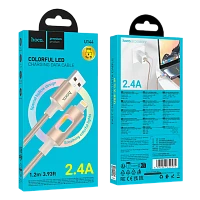 Кабель HOCO U144 USB (m)-Lightning (m) 1.2м 2.4A нейлон подсветка золотой (1/22/220)