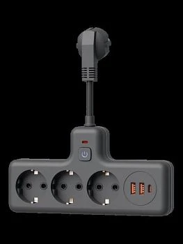 Сетевой фильтр Космос Компакт 3р.С/З 10A 0.3м 2USB+Type-C ПВС 3x1мм² с выкл. черный (1/40)