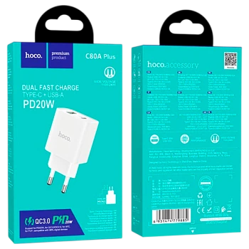 Сетевое З/У HOCO C80A Plus 1USB+1Type-C 3.0A 20W PD,QC белый (1/13/130)