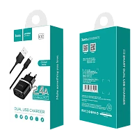 Сетевое З/У HOCO C12 2USB 2.4A с кабелем microUSB черный (1/10/100)