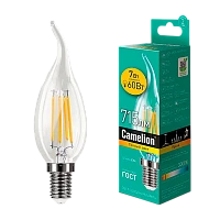 Лампа светодиодная филамент Camelion CW35 E14 7W 3000К 207-244V свеча на ветру прозрачная (1/10/100)