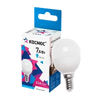 Лампа светодиодная Космос GL45 E14 7.5W 4500К 220V шар матовая (1/10/80)