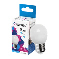 Лампа светодиодная Космос GL45 E27 8.5W 4500К 220V шар матовая (1/10/80)