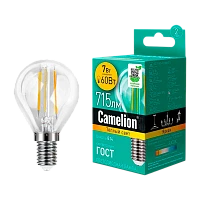 Лампа светодиодная филамент Camelion G45 E14 7W 3000К 207-244V шар прозрачная (1/10/100)