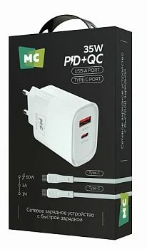 Сетевое З/У MORE CHOICE NC82a 1USB+1Type-C 3.0A 35W PD,QC с кабелем Type-C/Type-C белый