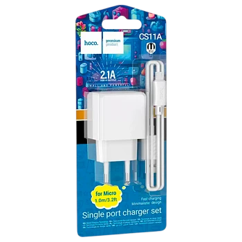 Сетевое З/У HOCO CS11A 1USB 2.1A с кабелем microUSB белый (1/28/168)