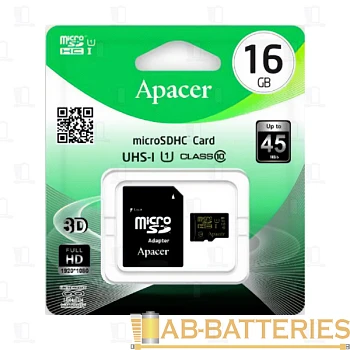 Карта памяти microSD Apacer 16GB Class10 UHS-I (U1) 45 МБ/сек с адаптером