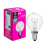 Лампа накаливания General Electric E14 60W 230V шар 45мм прозрачная