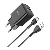 Сетевое З/У HOCO N26 1USB 18W QC3.0 с кабелем Type-C черный (1/13/130)