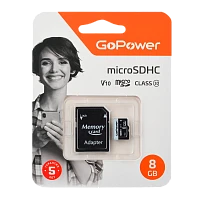 Карта памяти microSD GoPower 8GB Class10 15 МБ/сек V10 с адаптером