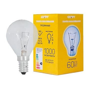 Лампа накаливания Старт E14 60W 230V шар ДШ прозрачная (1/10/100)