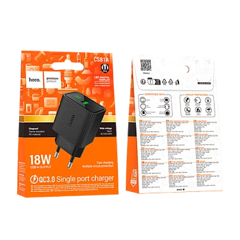 Сетевое З/У HOCO CS81A 1USB 3.0A 18W QC3.0 дисплей черный