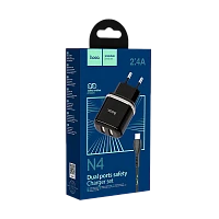 Сетевое З/У HOCO N4 2USB 2.4A с кабелем Lightning черный (1/12/120)