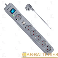 Сетевой фильтр Defender DFS 501 6р.С/З 10A 2.0м 2USB 525 Дж серый (1/30)