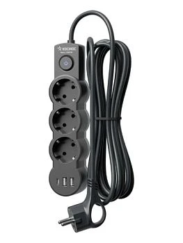 Удлинитель Космос 3р.С/З 10A 3.0м с выкл. ПВС 3x1мм² IP20 USB черный (1/30)