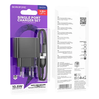 Сетевое З/У Borofone BAS11A 1USB 2.1A 10.5W с кабелем microUSB черный (1/54/216)