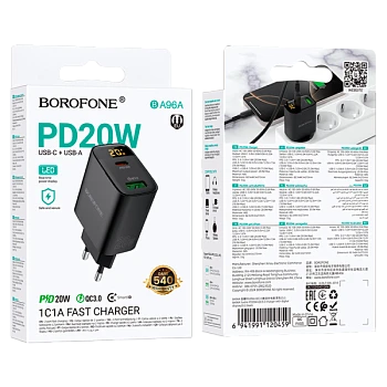 Сетевое З/У Borofone BA96A 1USB+1Type-C 3.0A 20W QC3.0 дисплей черный (1/46/184)