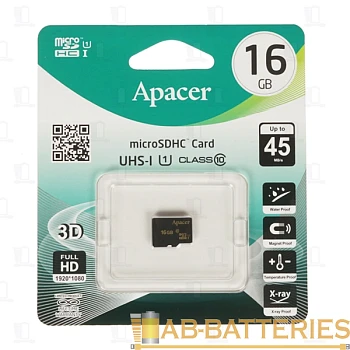 Карта памяти microSD Apacer 16GB Class10 UHS-I (U1) 45 МБ/сек без адаптера