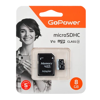 Карта памяти microSD GoPower 8GB Class10 15 МБ/сек V10 с адаптером