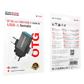 Переходник Borofone BV26D USB (f)-Type-C/Lightning/microUSB (m) черный (1/200)