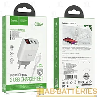 Сетевое З/У HOCO C86A 2USB 2.4A дисплей с кабелем Lightning белый (1/13/130)