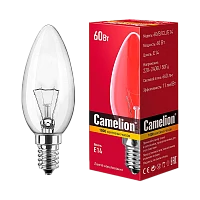 Лампа накаливания Camelion E14 60W 220V свеча прозрачная (1/100)