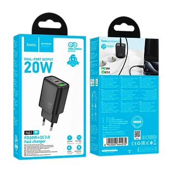 Сетевое З/У HOCO N61 1USB+1Type-C 20W PD,QC черный (1/12/120)