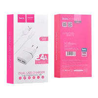 Сетевое З/У HOCO C12 2USB 2.4A с кабелем microUSB белый (1/10/100)