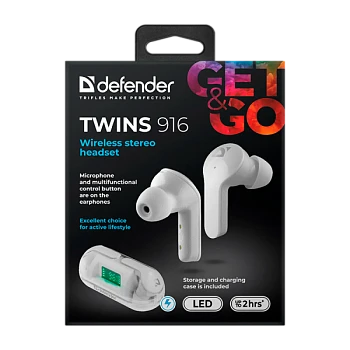 Наушники вставные Defender Twins 916 bluetooth 5.0 с микр. белый (1/40)