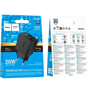 Сетевое З/У HOCO CS83A 1USB+1Type-C 3.0A 20W PD,QC дисплей черный (1/18/180)