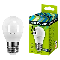 Лампа светодиодная Ergolux G45 E27 7W 6500К 172-265V шар (1/10/100)