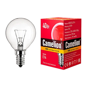 Лампа накаливания Camelion E14 40W 220V шар прозрачная (1/100)