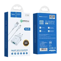 Сетевое З/У HOCO C12Q 1USB 3.0A QC3.0 с кабелем microUSB белый (1/10/100)